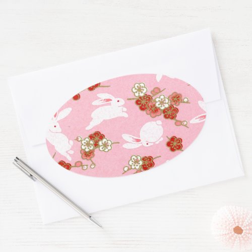 Japanese Art Pink Sakuras  Rabbits Oval Stickers