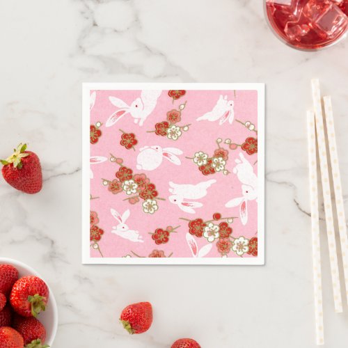 Japanese Art Pink Sakuras  Rabbits Paper Napkins