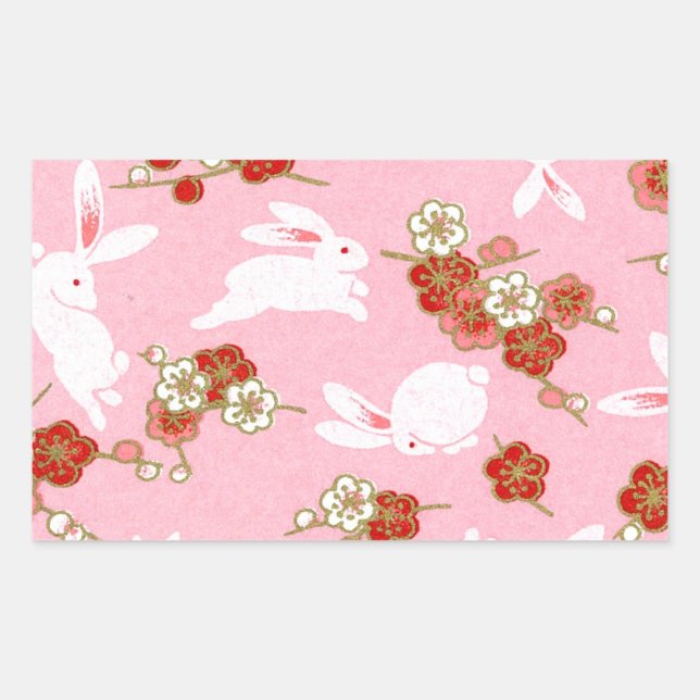 Japanese Art: Pink Sakuras & Rabbits Rectangular Sticker (Front)