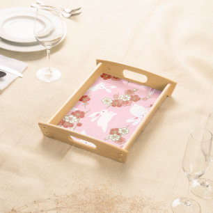 Japanese Art: Pink Sakuras & Rabbits Serving Tray
