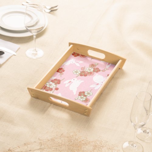 Japanese Art Pink Sakuras  Rabbits Serving Tray