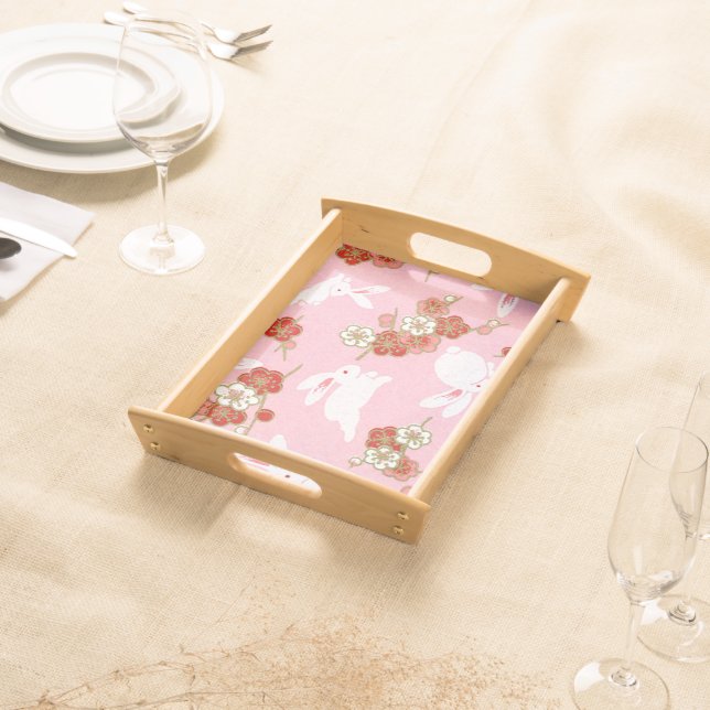 Japanese Art: Pink Sakuras & Rabbits Serving Tray (Front)
