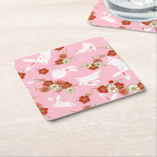 Japanese Art: Pink Sakuras & Rabbits Square Paper Coaster