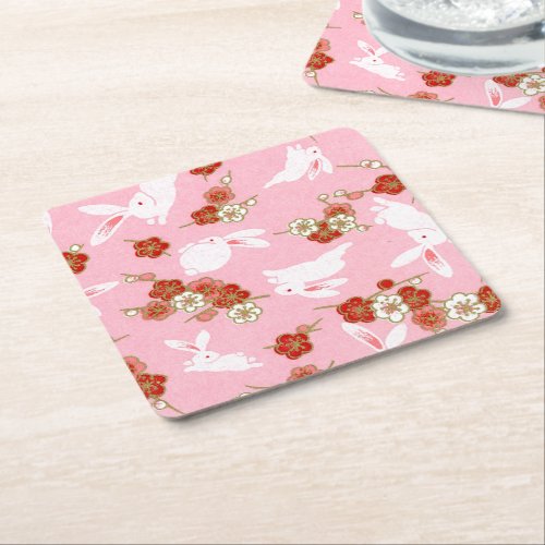 Japanese Art Pink Sakuras  Rabbits Square Paper Coaster