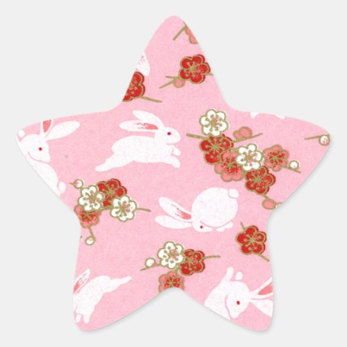 Japanese Art Pink Sakuras  Rabbits Star Sticker