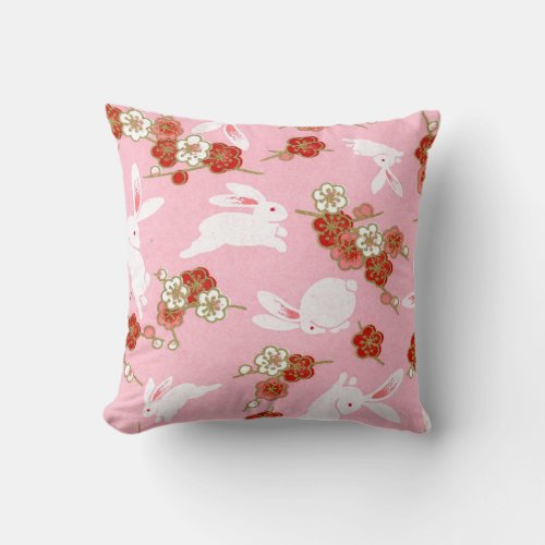 Japanese Art Pink Sakuras  Rabbits Throw Pillow