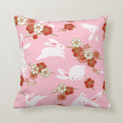 Japanese Art: Pink Sakuras & Rabbits Throw Pillow