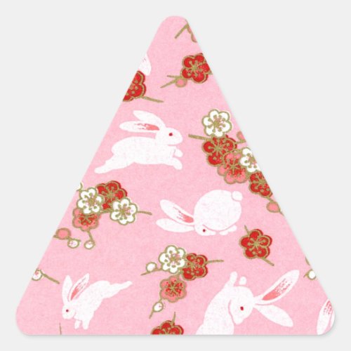 Japanese Art Pink Sakuras  Rabbits Triangle Sticker