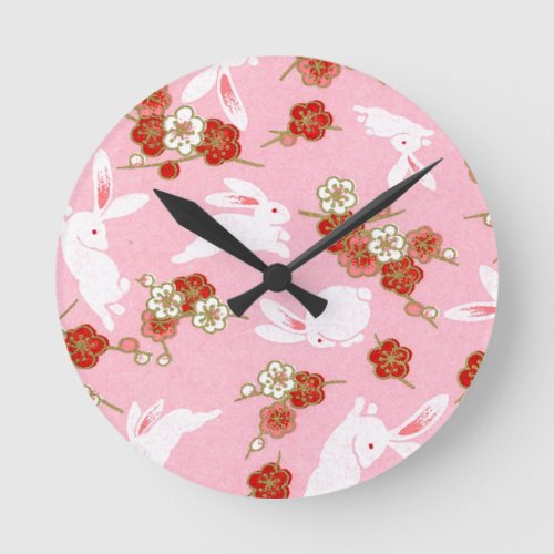 Japanese Art Pink Sakuras  Rabbits Wall Clock