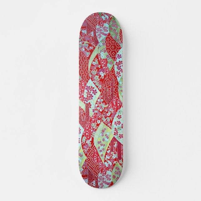 Japanese Art Red Floral Origami Yuzen Skateboard Deck (Front)