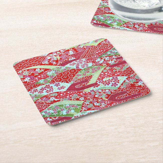 Japanese Art Red Floral Yuzen Chiyogami Coasters