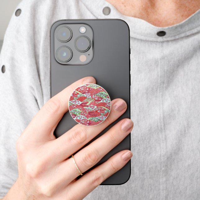 Japanese Art Red Floral Yuzen Phone Grip (Hand)
