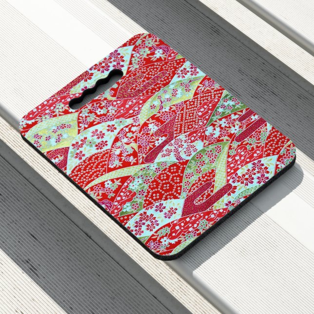 Japanese Art Red Floral Yuzen Stadium Seat Cushion (In Situ)