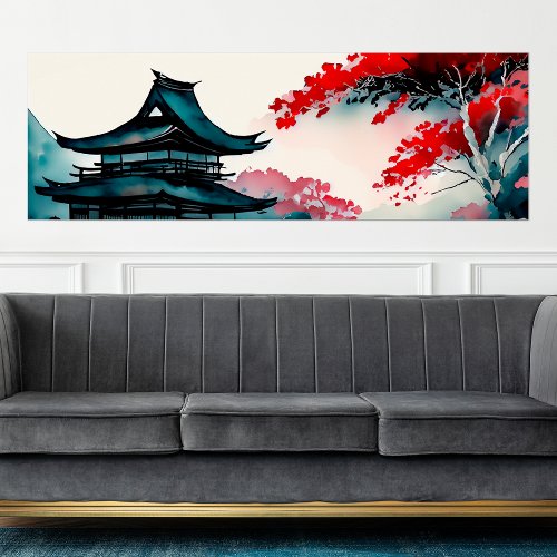 Japanese Art Red Sakura  Black Pagoda Watercolor Poster