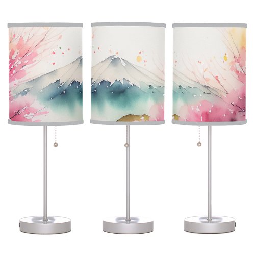 Japanese Art Sakura  Mount Fuji Pastel Watercolor Table Lamp