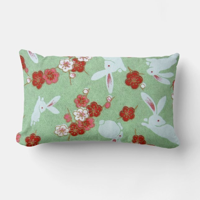 Japanese Art - Sakuras and Rabbits Lumbar Pillow (Front)