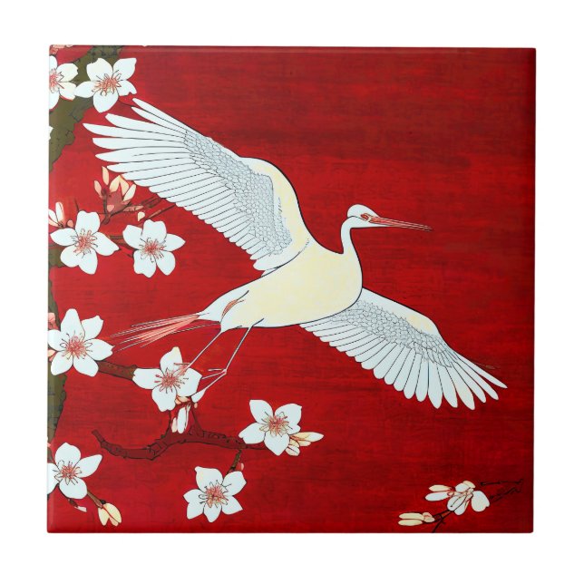  Japanese Art Style White Crane Cherry Blossom Red Ceramic Tile (Front)