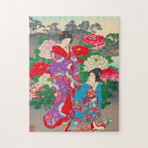 Japanese Art - Two Women Talking In Rose Garden Jigsaw Puzzle