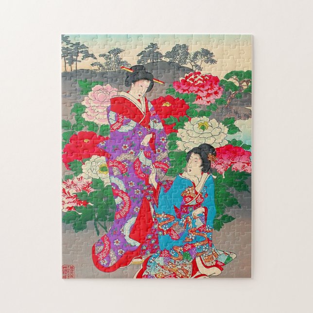 Japanese Art  - Two Women Talking In Rose Garden Jigsaw Puzzle (Vertical)