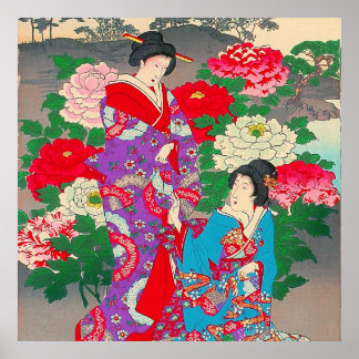 Japanese Art - Two Women Talking In Rose Garden Poster