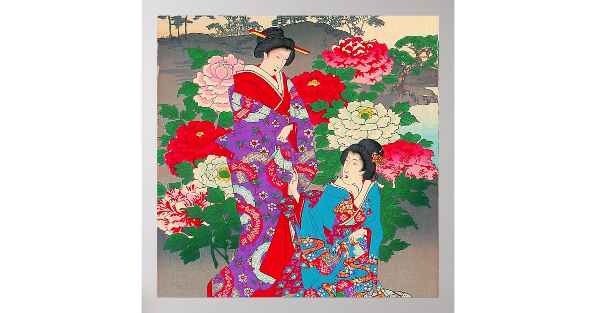Japanese Art Two Women Talking In Rose Garden Poster Zazzle Com