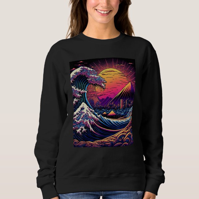 Japanese Art Ukiyo-e Style Retrowave Great Wave Of Sweatshirt (Front)