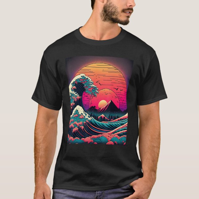 Japanese Art Ukiyo-e Style Retrowave Great Wave Of T-Shirt (Front)