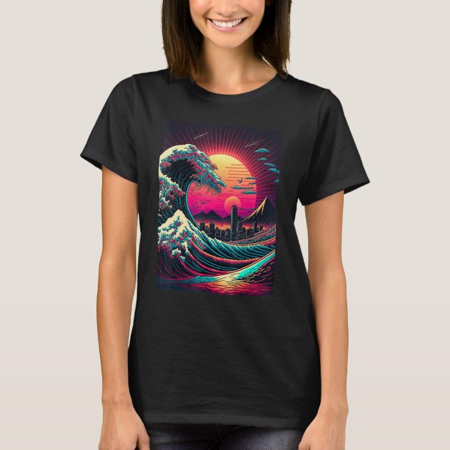 Japanese Art Ukiyo-e Style Retrowave Great Wave Of T-Shirt (Front)
