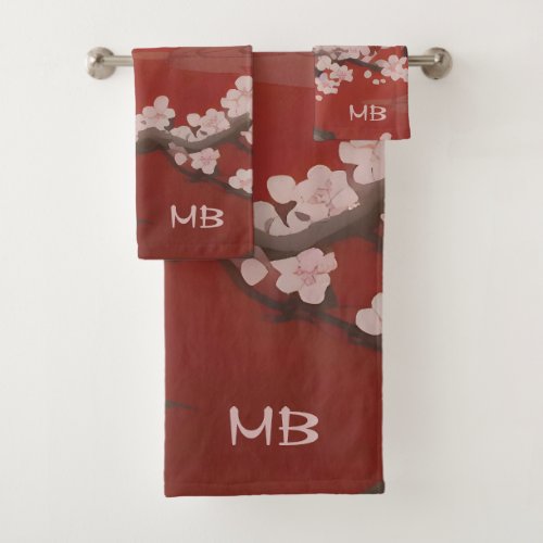  Japanese Artstyle White Cherry Blossom Red  Bath Towel Set