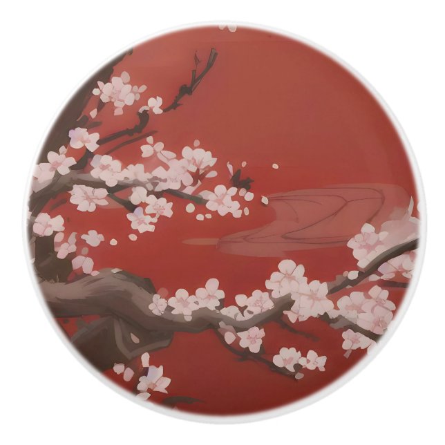  Japanese Artstyle White Cherry Blossom Red Ceramic Knob (Front)