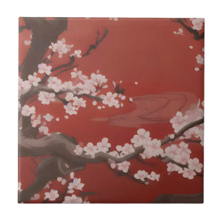  Japanese Artstyle White Cherry Blossom Red Ceramic Tile