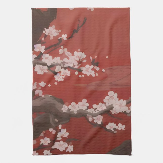  Japanese Artstyle White Cherry Blossom Red Kitchen Towel (Vertical)