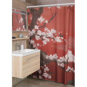 Japanese Artstyle White Cherry Blossom Red Shower Curtain