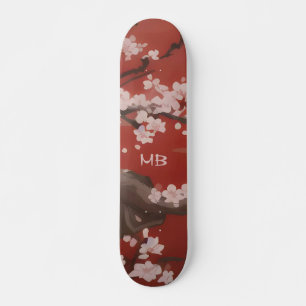 Japanese Artstyle White Cherry Blossom Red Skateboard