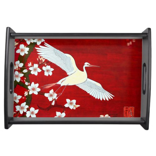  Japanese Artstyle White Crane Cherry Blossom Red Serving Tray