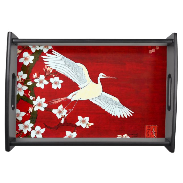  Japanese Artstyle White Crane Cherry Blossom Red Serving Tray (Front)