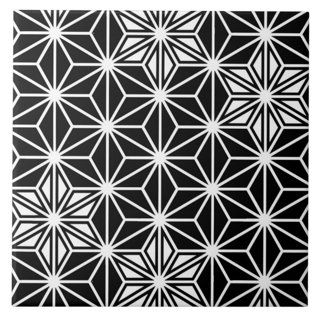 Japanese Asanoha or Star Pattern, Black and White Ceramic Tile (Front)