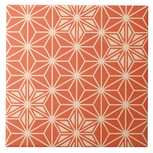 Japanese Asanoha or Star Pattern, coral orange Ceramic Tile (Front)