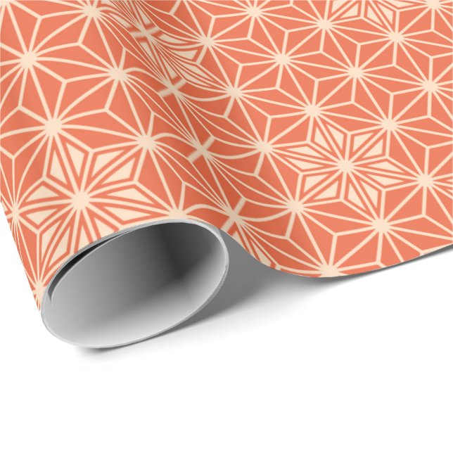 Japanese Asanoha or Star Pattern, coral orange Wrapping Paper (Roll Corner)