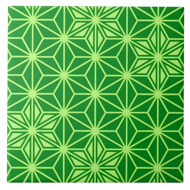 Japanese Asanoha or Star Pattern, Deep Lime Green Ceramic Tile (Front)