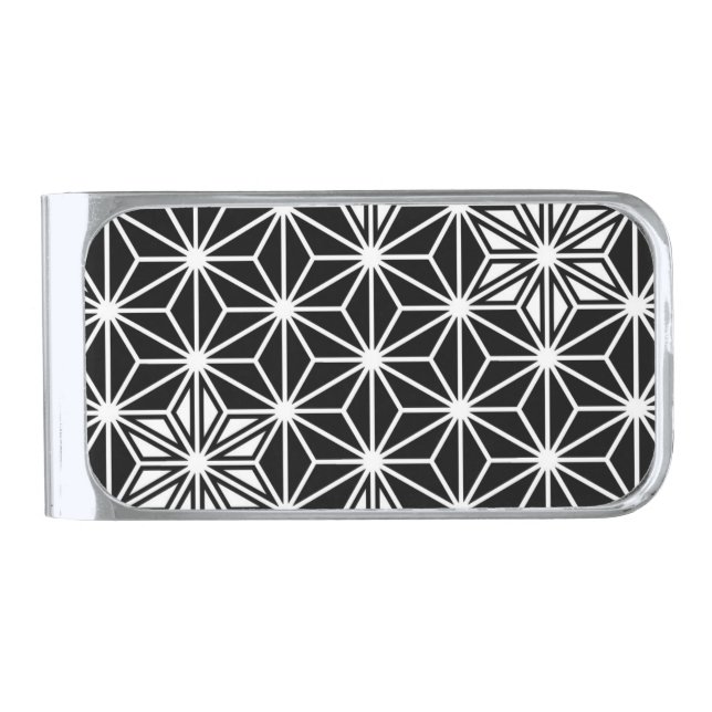 Japanese Asanoha pattern - black and white Silver Finish Money Clip (Front)