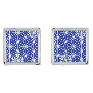 Japanese Asanoha pattern - cobalt blue Silver Cufflinks