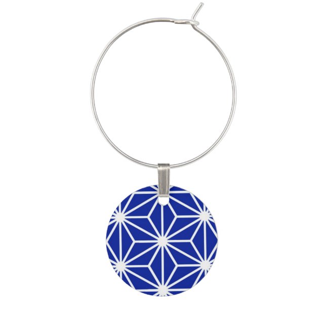 Japanese Asanoha pattern - cobalt blue Wine Glass Charm (Front)