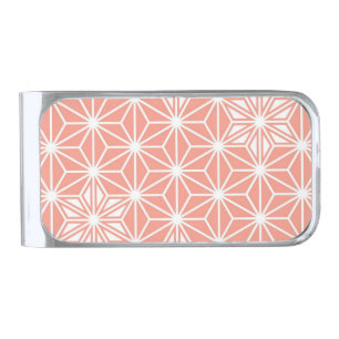 Japanese Asanoha pattern - coral pink Silver Finish Money Clip