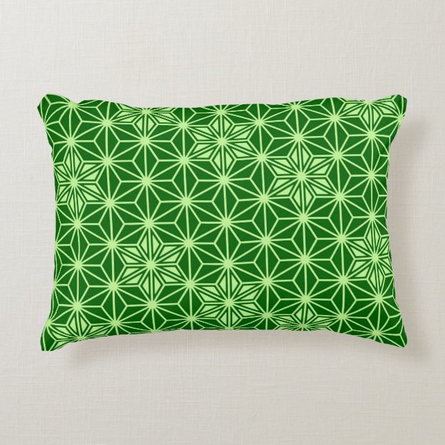 Japanese Asanoha Pattern, Emerald and Lime Green Accent Pillow (Front)