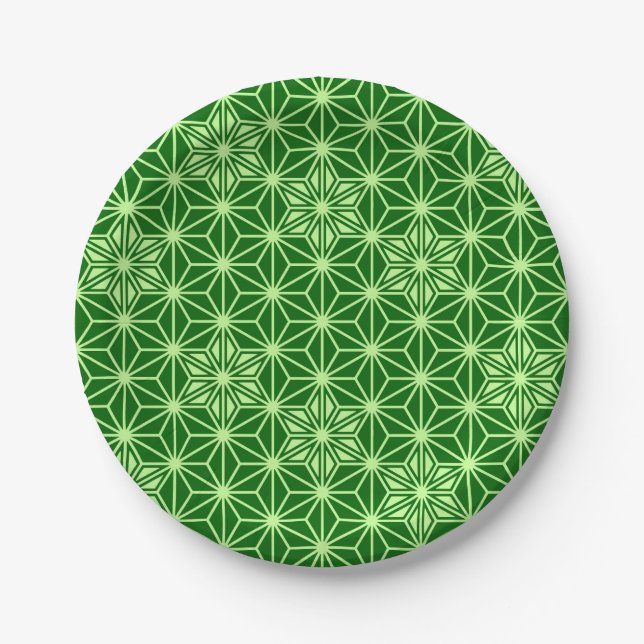 Japanese Asanoha Pattern, Emerald and Lime Green Paper Plates (Front)