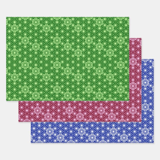 Japanese Asanoha pattern, Green, Burgundy, Blue   Wrapping Paper Sheets (Set)