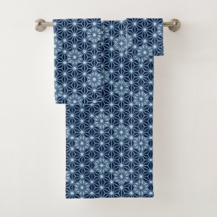 Japanese Asanoha Pattern, Indigo and Light Blue Bath Towel Set