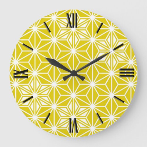 Japanese Asanoha pattern _ mustard gold and white Large Clock
