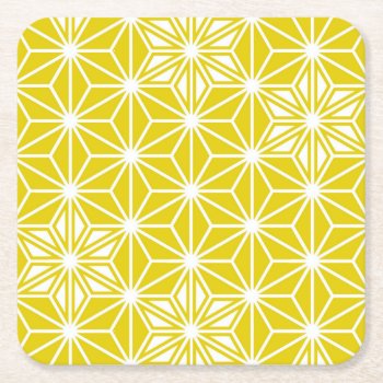 Japanese Asanoha Pattern - Mustard Gold And White Square Paper Coaster by Floridity at Zazzle